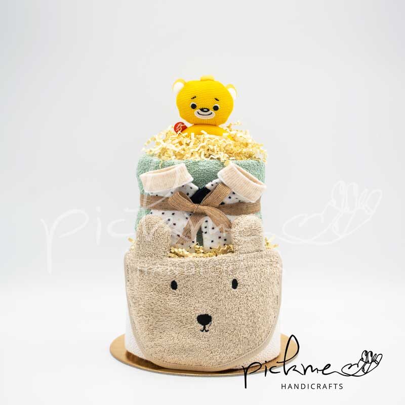 diapercake τουρτοπάνα για αγόρι βεραμάν εκρού αρκουδάκι μπροστινή όψη