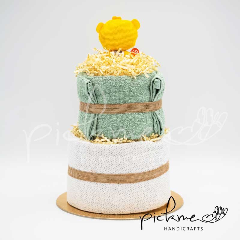 diapercake τουρτοπάνα για αγόρι βεραμάν εκρού αρκουδάκι πίσω όψη