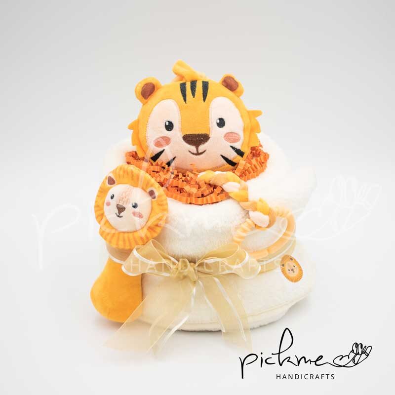 diapercake τουρτοπάνα για αγόρι μονοόροφη λιονταράκια μπροστινή όψη