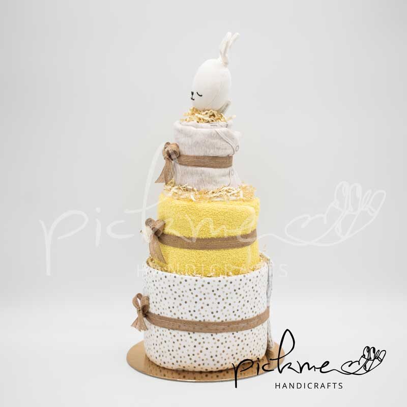 diapercake τριόροφη τουρτοπάνα unisex κίτρινο εκρού λαγουδάκι δεξιά όψη