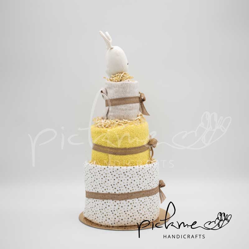 diapercake τριόροφη τουρτοπάνα unisex κίτρινο εκρού λαγουδάκι αριστερή όψη
