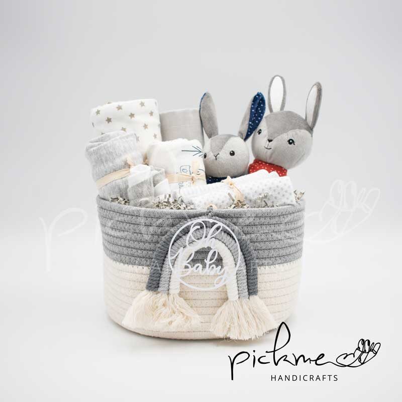 gift-basket-γκρι-λαγουδάκια-01 gift basket γκρι λαγουδάκια μπροστινή όψη