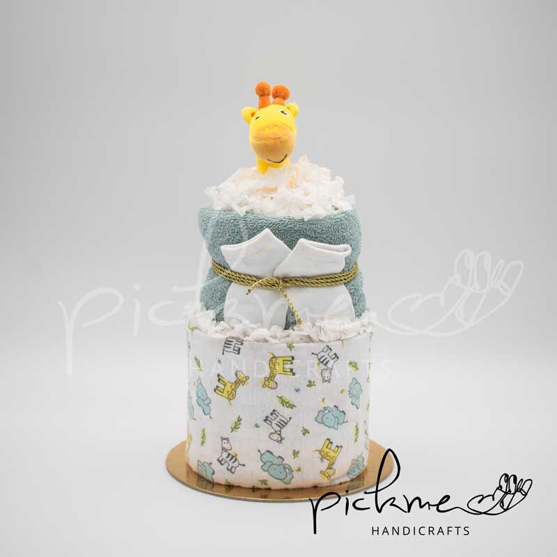 diapercake τουρτοπάνα για αγόρι διόροφη καμηλοπάρδαλη μπροστινή όψη