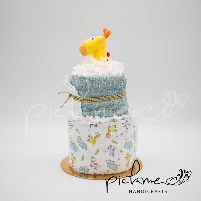 diapercake τουρτοπάνα για αγόρι διόροφη καμηλοπάρδαλη αριστερή όψη