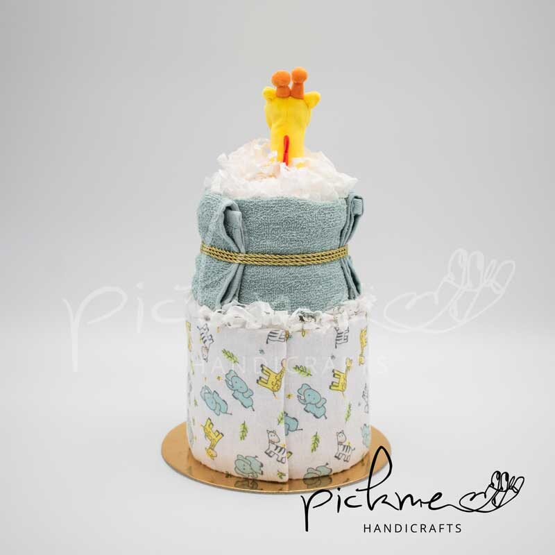 diapercake τουρτοπάνα για αγόρι διόροφη καμηλοπάρδαλη πίσω όψη