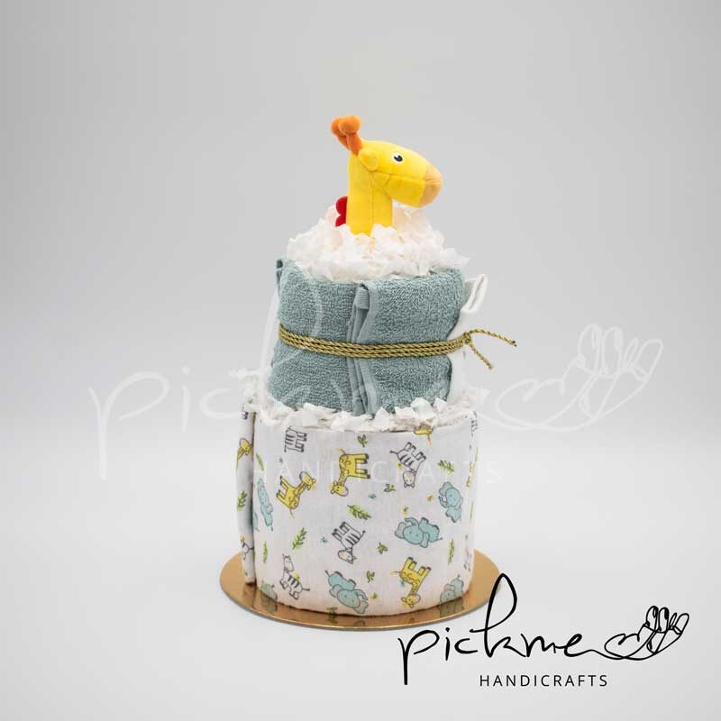 diapercake τουρτοπάνα για αγόρι διόροφη καμηλοπάρδαλη δεξιά όψη