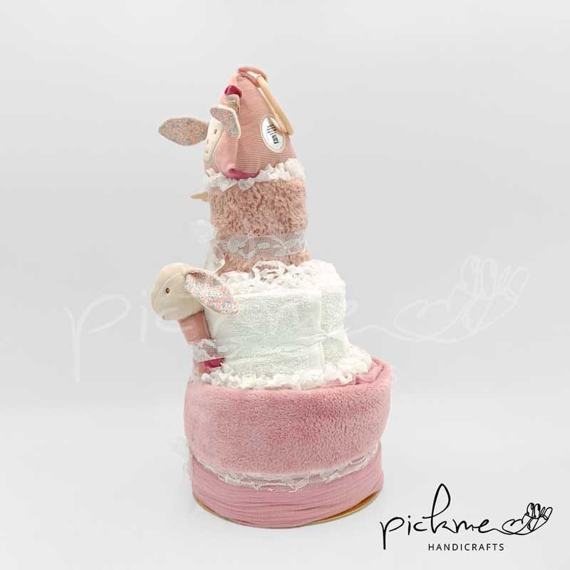 diapercake τουρτοπάνα για κορίτσι τριόροφη ροζ λαγουδάκια αριστερά