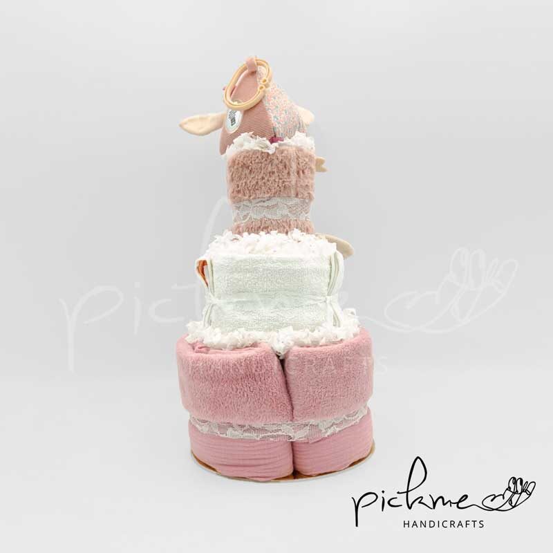 diapercake τουρτοπάνα για κορίτσι τριόροφη ροζ λαγουδάκια πίσω